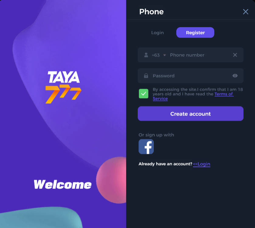 Register Taya777 form