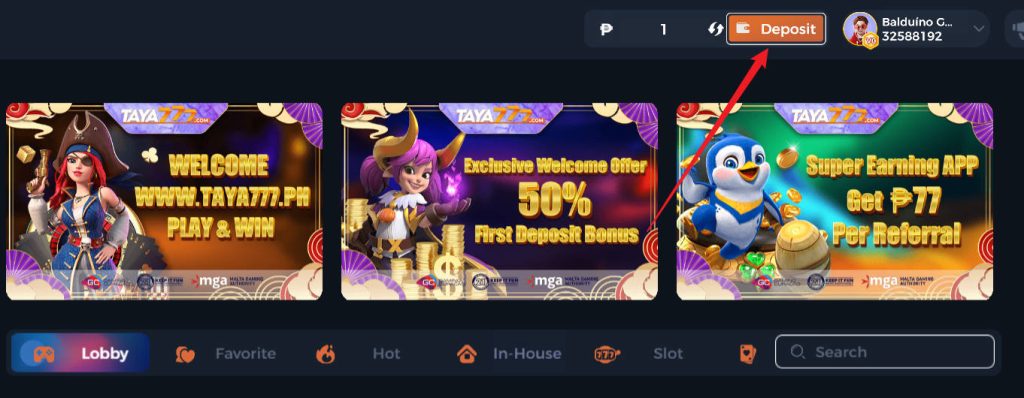 Quick Deposit Taya777 Instructions:Log in to your account and click "Deposit"